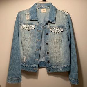 Harper cropped denim jacket with crochet lace